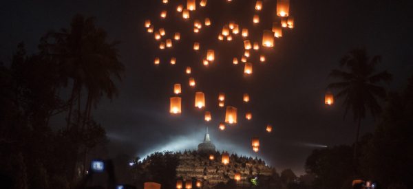 vesak buddhas birthday. lanterns are released outside Borobudur Temple in Indonesia