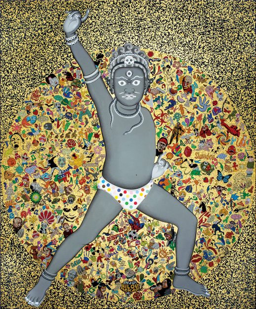 A Tibetan spirit poses like John Travolta in Saturday Night Fever in a painting by Tsherin Sherpa