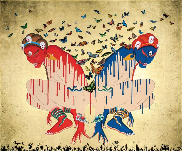 Two Tibetan spirits crouch back to back over silhouettes of life on earth while butterflies fly behind them in a painting by Tsherin Sherpa