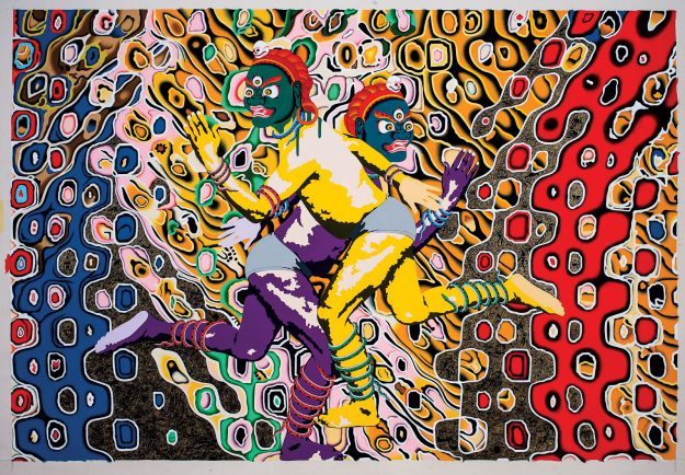 Over a colorful patterned backdrop, two Tibetan spirits run in opposite directions