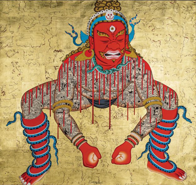 A Tibetan spirit poses in a sumo wrestling pose, making a pained face, in a painting by Tsherin Sherpa