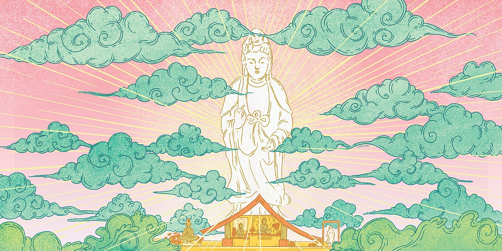 Illustration of a woman standing on green clouds looking to the end of a path of clouds at a temple above which Kwan Yin looms