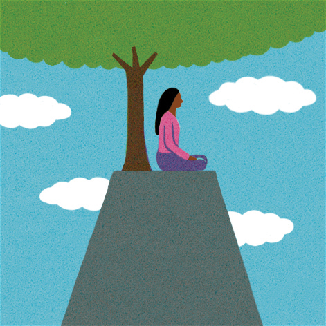 Illustration of women meditation on mountaintop