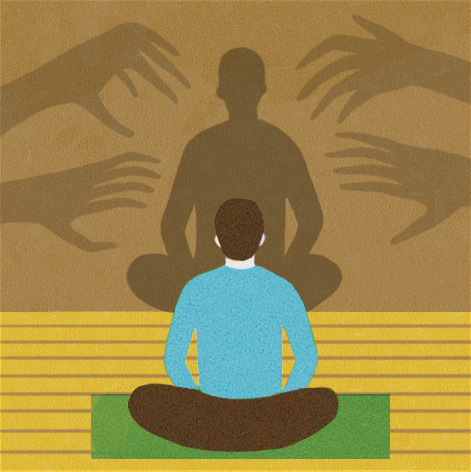 Man meditating amidst grasping hands