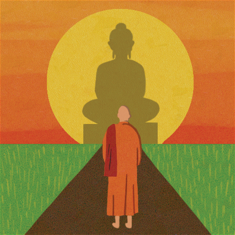 Monk walking towards Buddha statue
