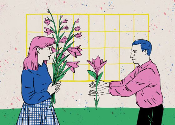 illustration of a man handing flowers to a woman for a story on generosity in receiving