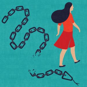 illustration in brief winter 2019 woman walking away from broken chain