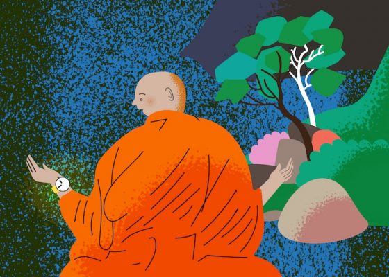 Illustration by Francesco Zorzi depicting a monk sitting in meditation checking the time on his watch