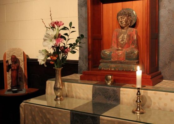 Main altar in the Fire Lotus Temple zendo in Brooklyn, New York.
