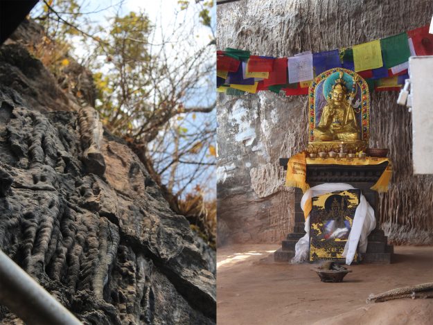 Rosary-like stone formation, and a statue of Guru Padmasambhava