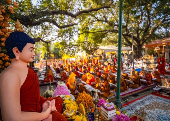 Monks gather for chanting in Bodhgaya, India.