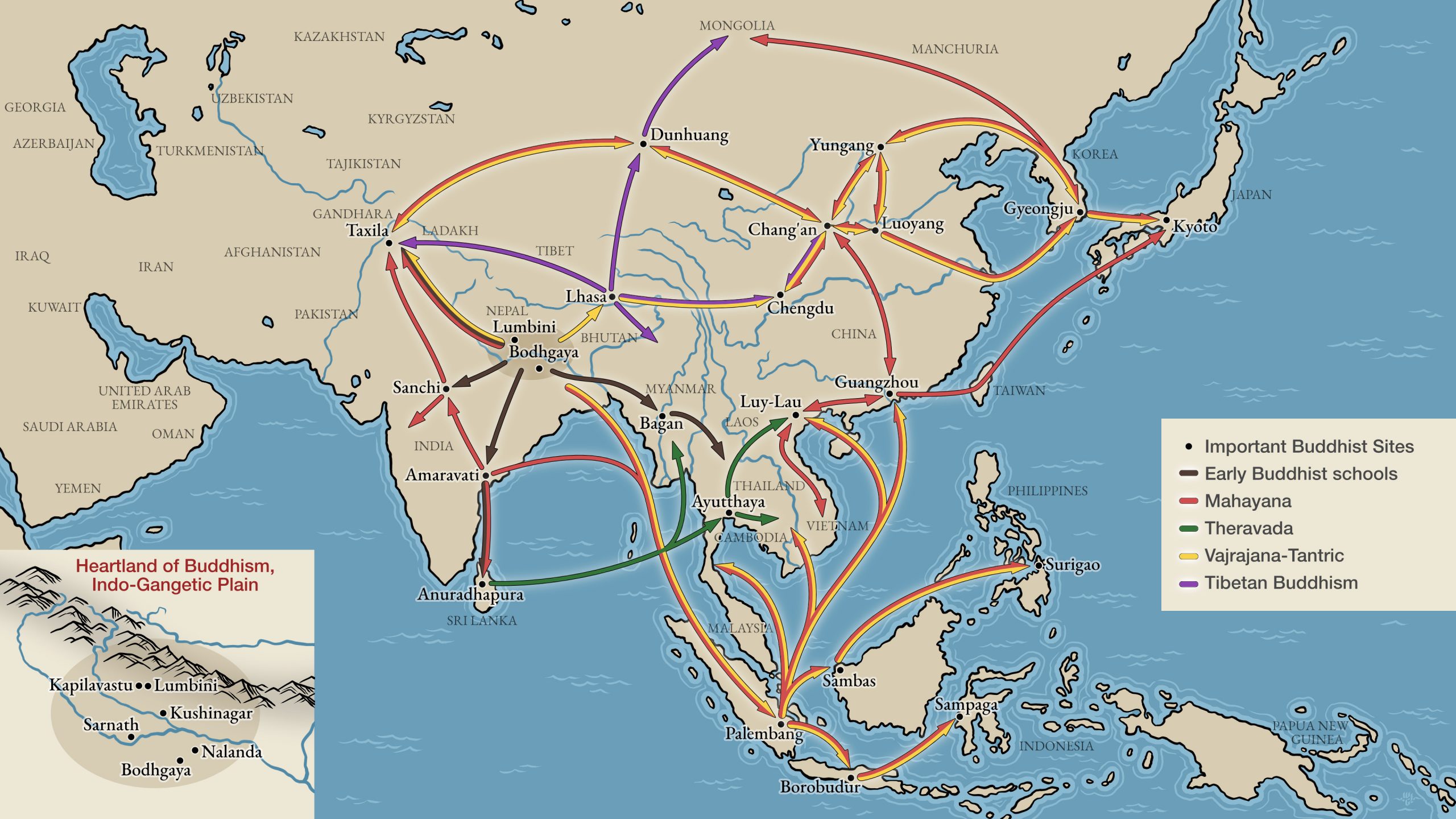 a map showing the spread of buddhism in asia