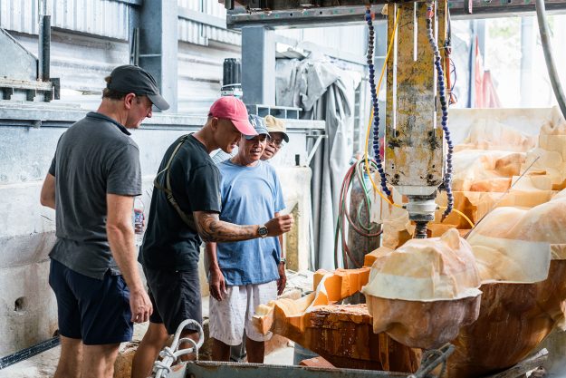 Tuan Andrew Nguyen and the production team at the stone fabrication workshop in Da Nang