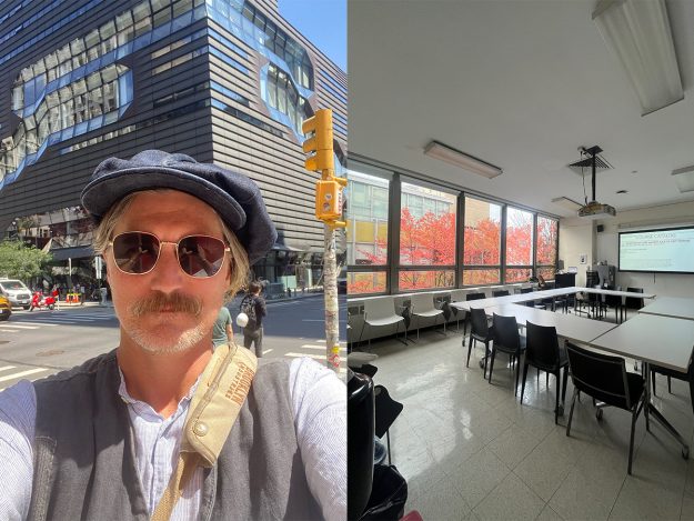 Chris "Doc" Kelly, taking a selfie in front of the New School
